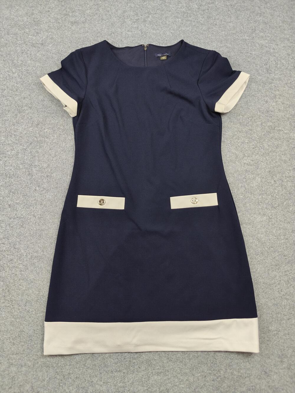 Tommy Hilfiger Dress Womens 10 Navy Blue Sheath Knee Length Pockets Button